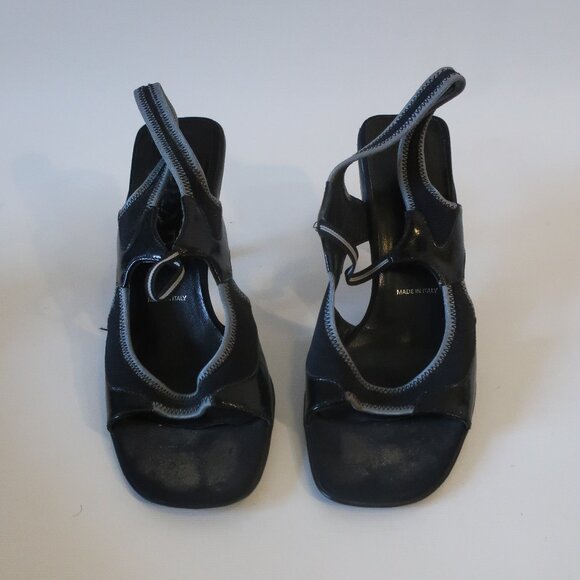 Authentic Prada Black Gray Trim Mixed Media Leather Trim Slingback Heels 7.5 - Picture 2 of 14